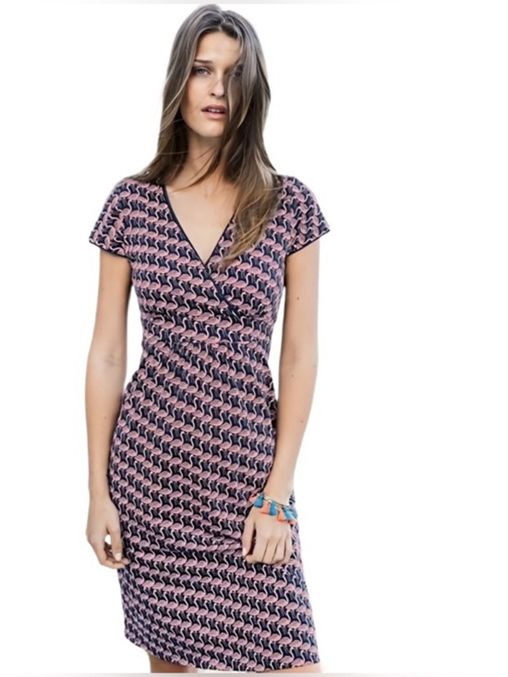 Boden Flamingo Print Navy Pink Wrap Dress Size 6
